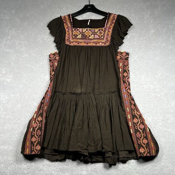 Free People Brown Day Glow Mini Dress XS Boho Embroidered Raw Edge Open Back - Picture 1 of 12